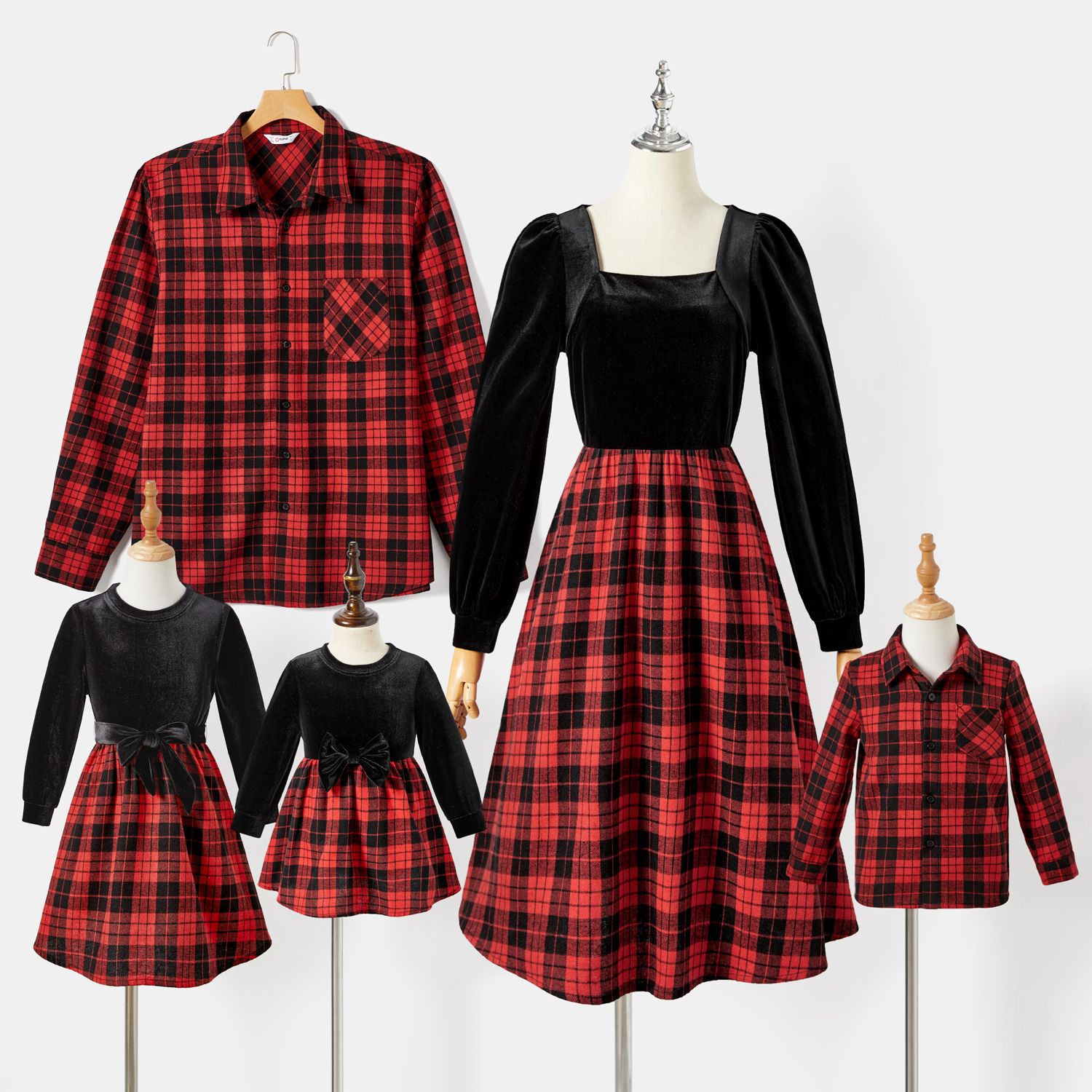 Family Matching Casual Grid/Houndstooth Long-sleeve Tops And Velvet Dresses Sets