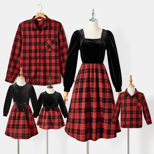 Family Matching Casual Grid/Houndstooth Long-sleeve Tops and Velvet Dresses Sets