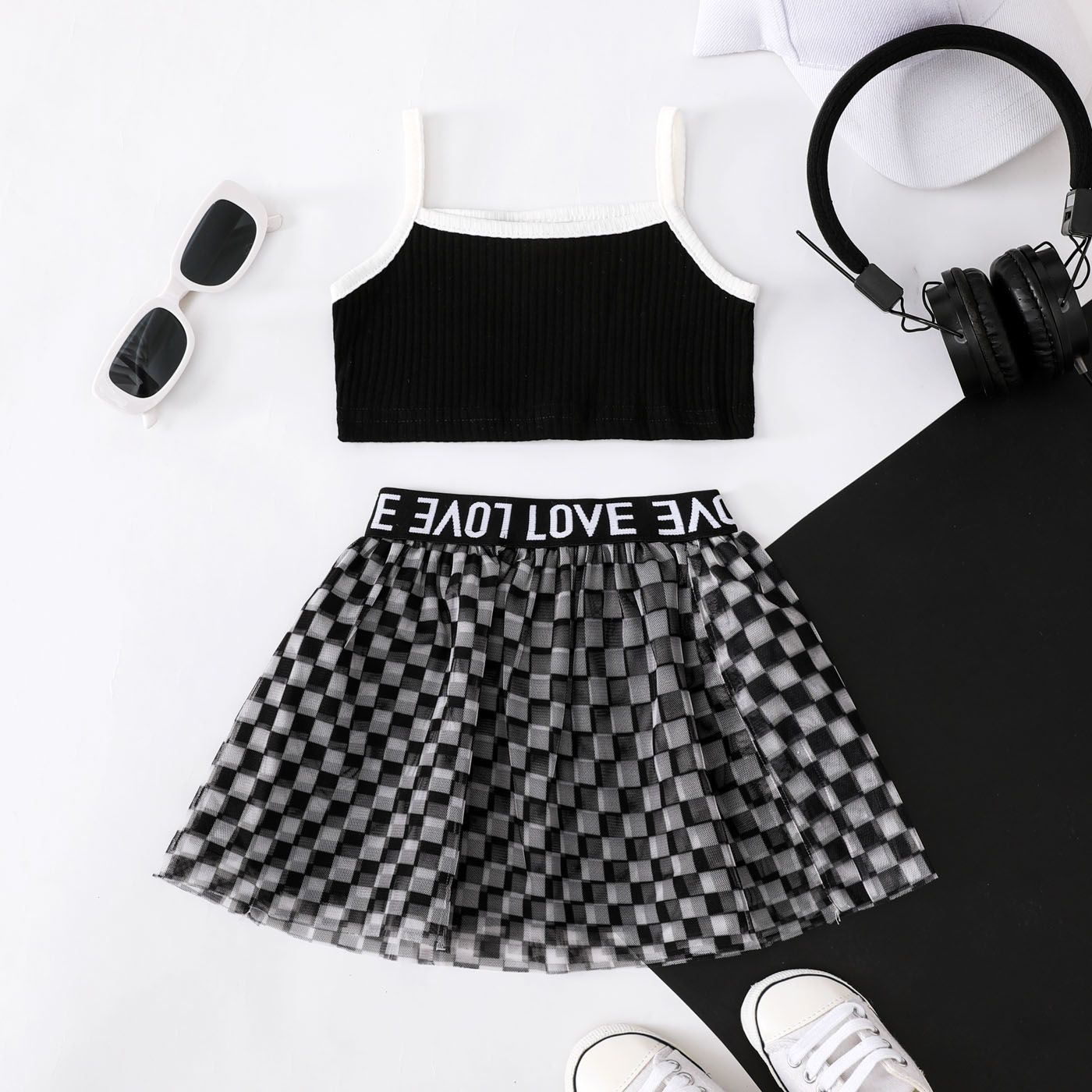 2pcs Baby Girl Ribbed Slip Top And Letter Print Mesh Plaid Skirt Set