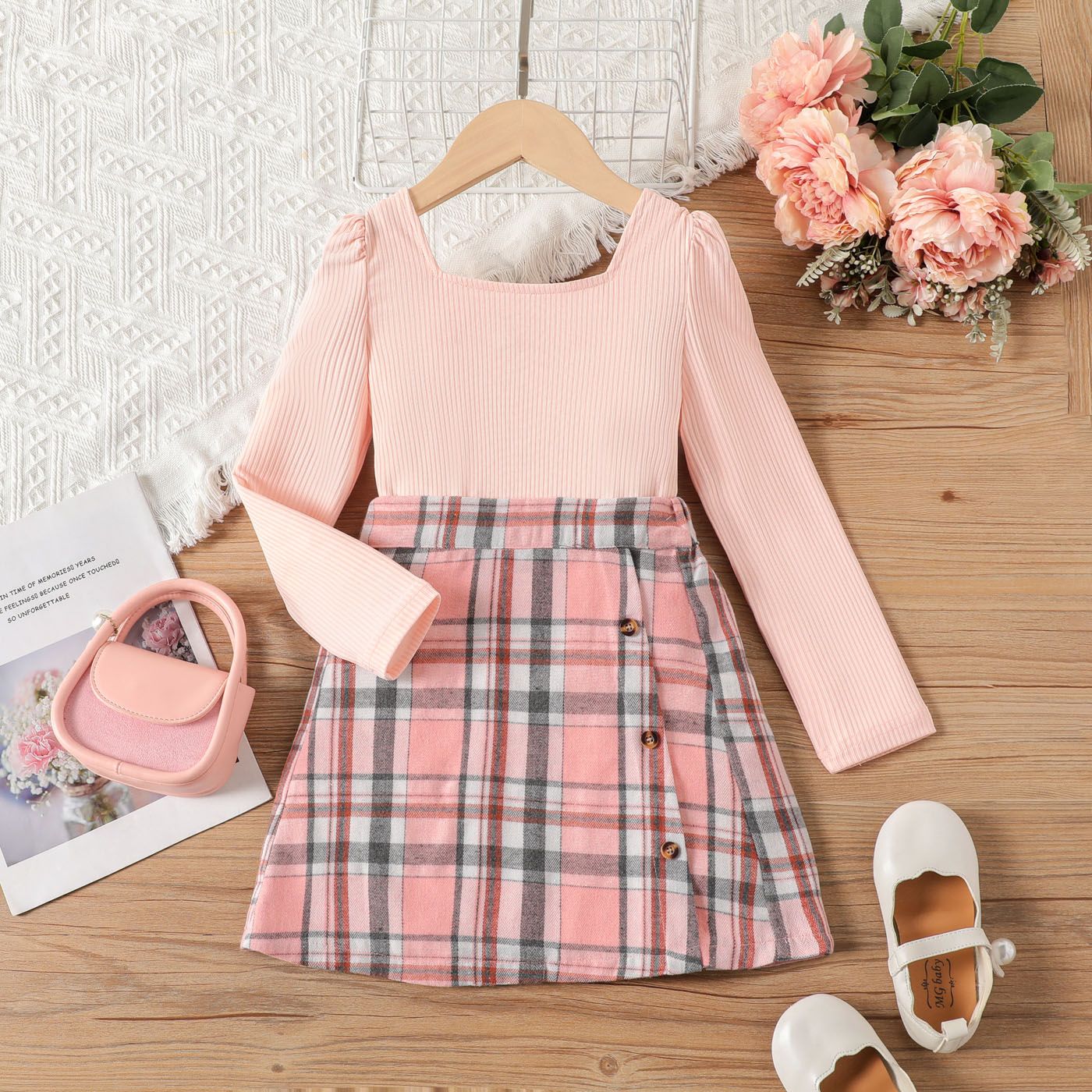 2PCS Kid Girl Sweet Button Design Grid/Houndstooth Skirt Set