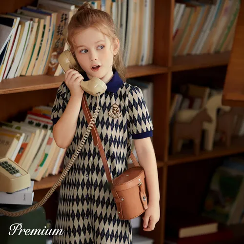 Medium Thick Polyester Spandex Girl's Grid Lapel Dress Set