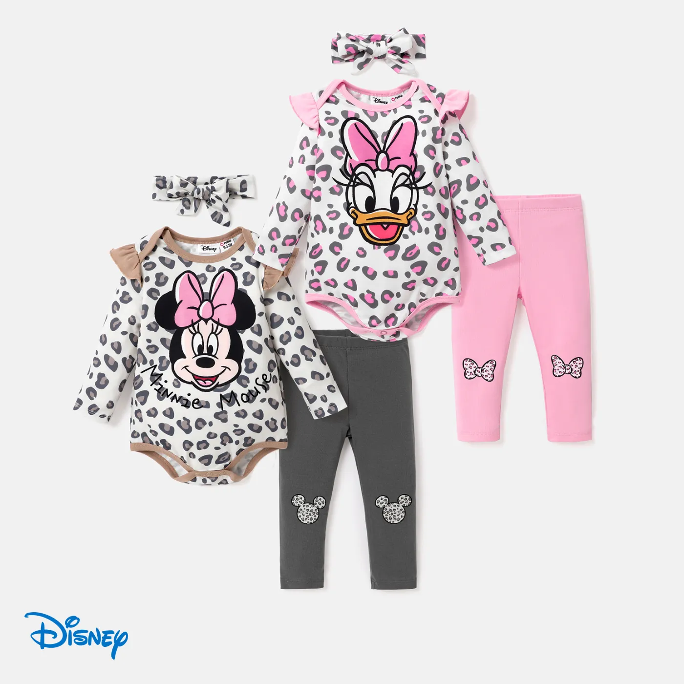 Disney Mickey and Friends Baby Girl 3pcs Character Print Leopard Long-sleeve Onesies & Pants & Headband Set 