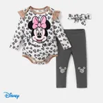 Disney Mickey and Friends Baby Girl 3pcs Character Print Leopard Long-sleeve Onesies & Pants & Headband Set  Khaki