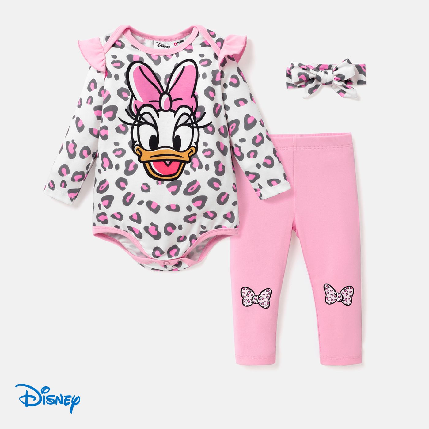 Disney Mickey And Friends Baby Girl 3pcs Character Print Leopard Long-sleeve Onesies & Pants & Headband Set