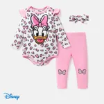 Disney Mickey and Friends Baby Girl 3pcs Character Print Leopard Long-sleeve Onesies & Pants & Headband Set  Pink