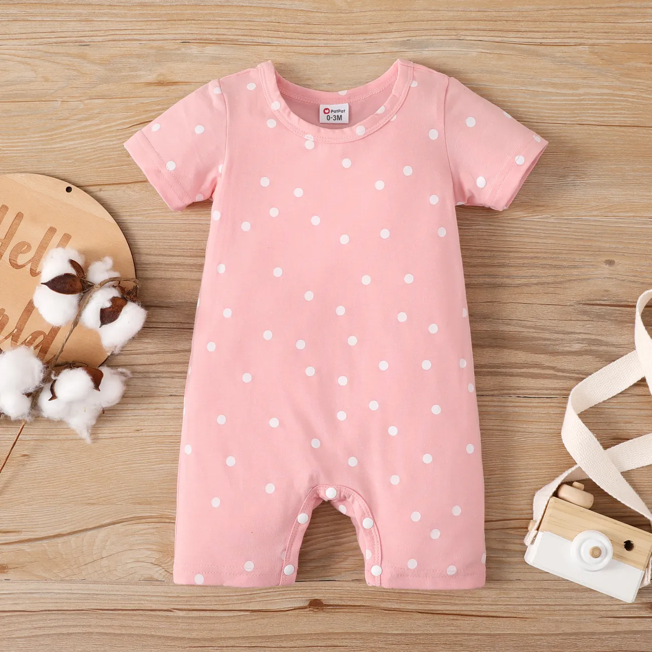 Baby Boy/Girl Allover Stars Polka Dots Print Short-sleeve Romper Pink big image 1