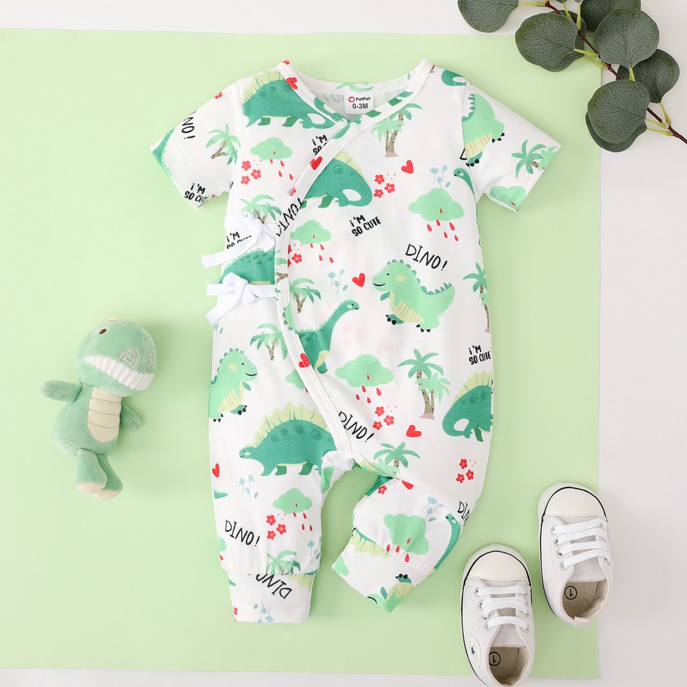 Baby Boy Allover Dinosaur Print Short-sleeve Tie Side Jumpsuit