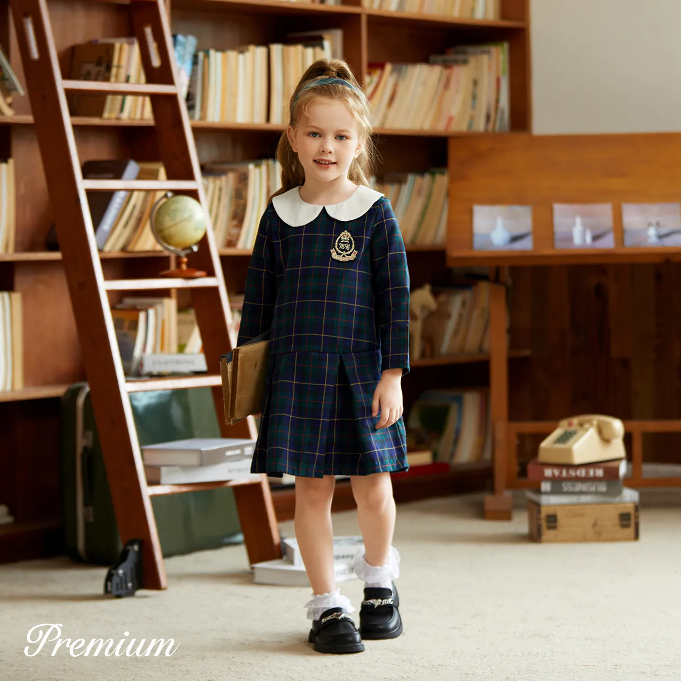 2 pcs Long Sleeves School Style Lapel Toddler Girl Dress Set in Grid/Houndstooth Pattern PLAID image 3