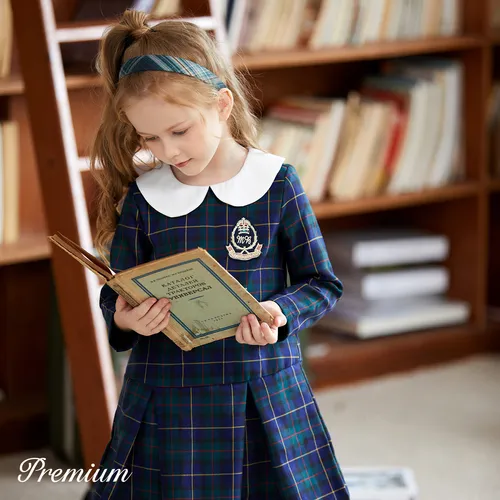2 pcs Long Sleeves School Style Lapel Toddler Girl Dress Set in Grid/Houndstooth Pattern