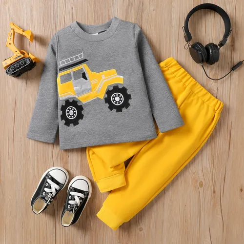 2pcs Toddler Boy Vehicle print sweatshirt and Solid color pant set