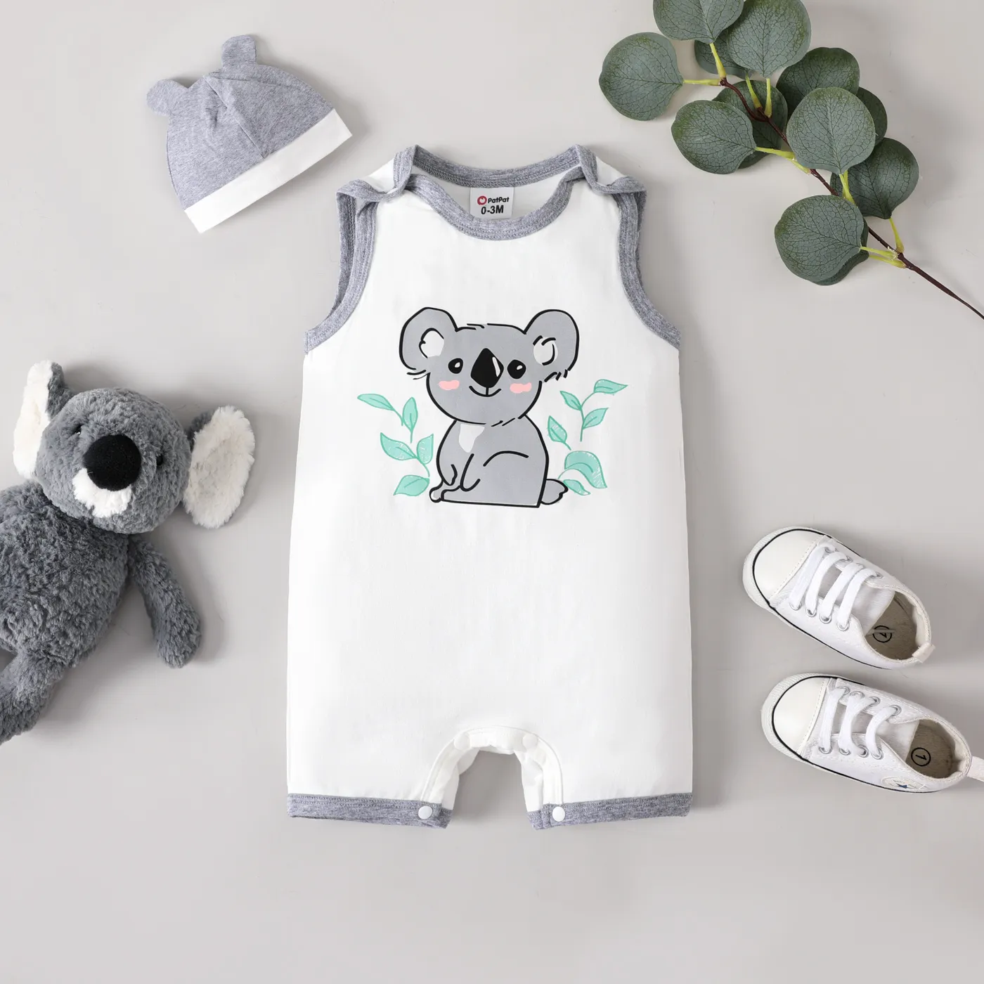 

2pcs Baby Boy 100% Cotton Animal Koala Print Tank Romper and Beanie Hat Set