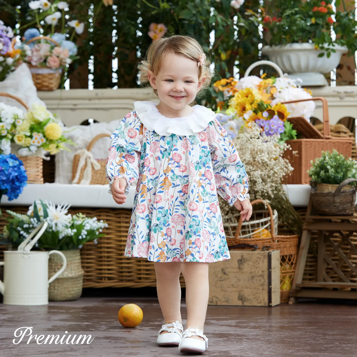 100% Cotton Medium Thickness Long Sleeves Elegant Baby Girl Dress with Puff Sleeves and Floral Pattern  image 3