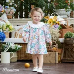 100% Cotton Medium Thickness Long Sleeves Elegant Baby Girl Dress with Puff Sleeves and Floral Pattern  image 3