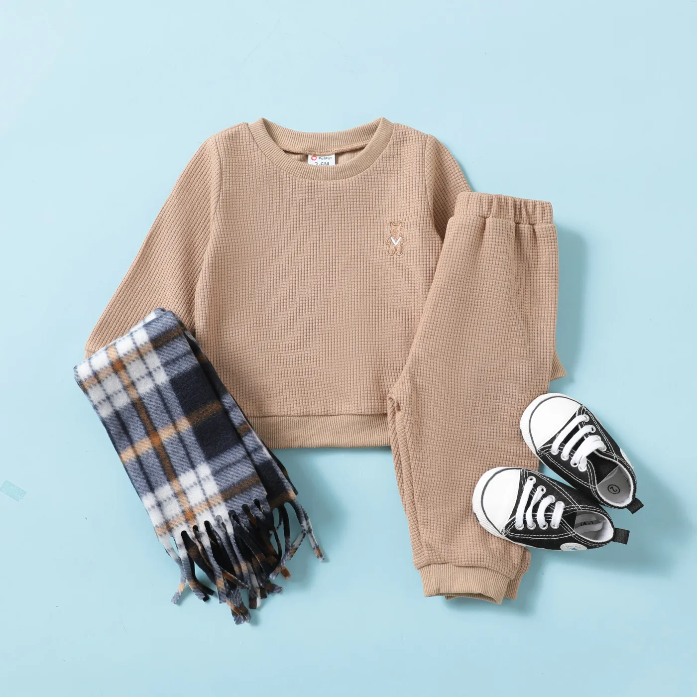 2pcs Baby/Toddler Boy/Girl Basic Grid Print Sweatshirt and Pants Set Toddler Brown