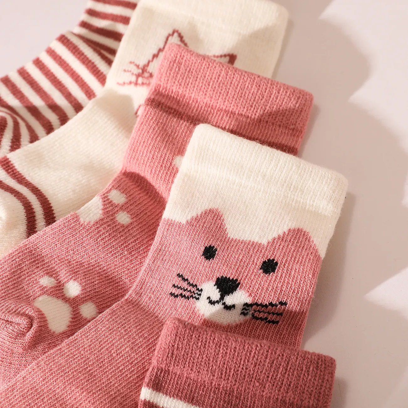 5 Pairs Baby / Toddler Little Bear & Cat Embroidery Tube Socks  Pink big image 1