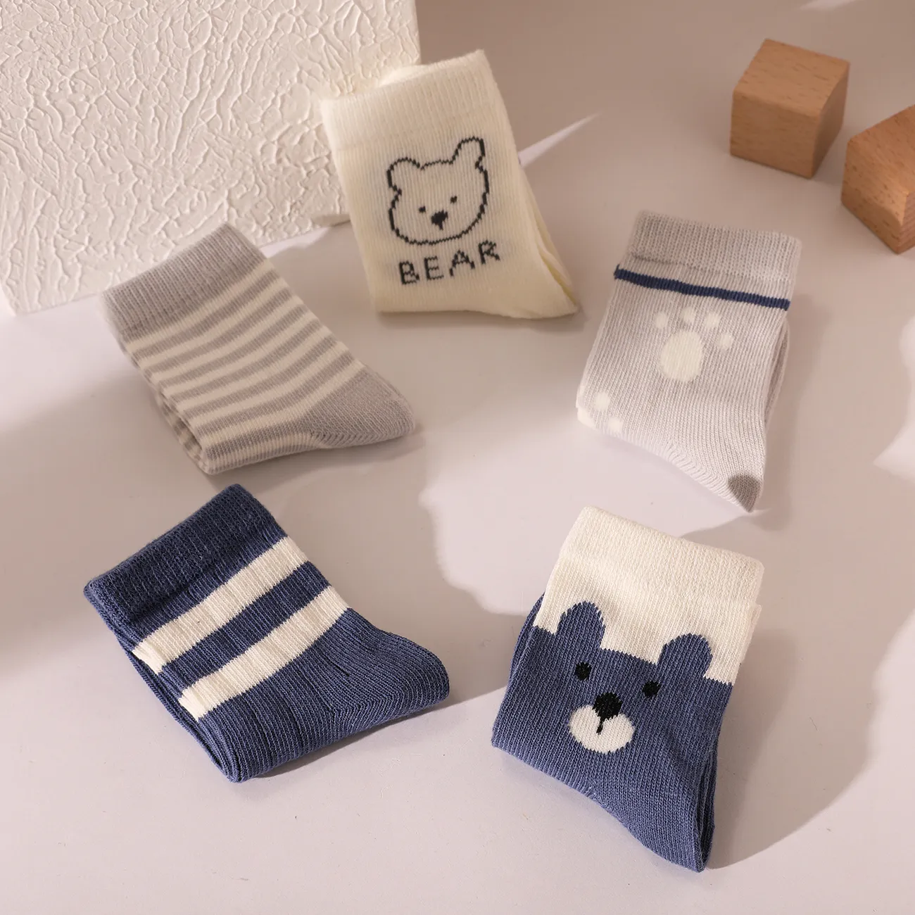 5 pares de calcetines de tubo de bordado Little Bear & Cat  Azul big image 1