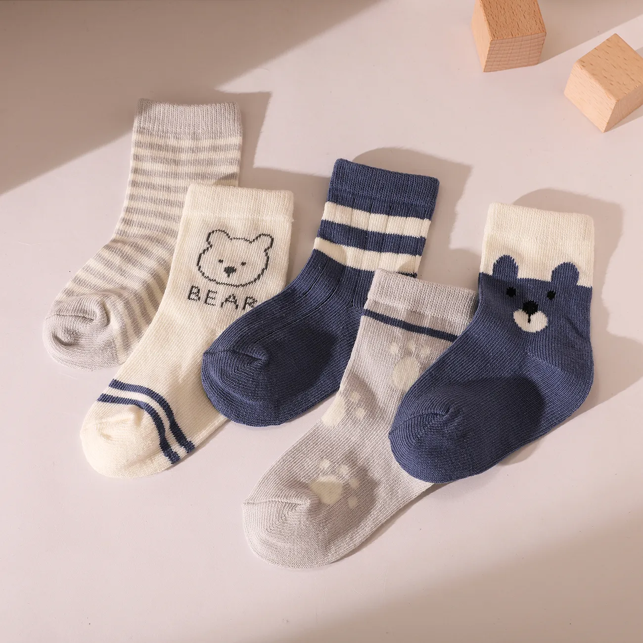 5 paires de chaussettes en tube de broderie Little Bear & Cat  Bleu big image 1