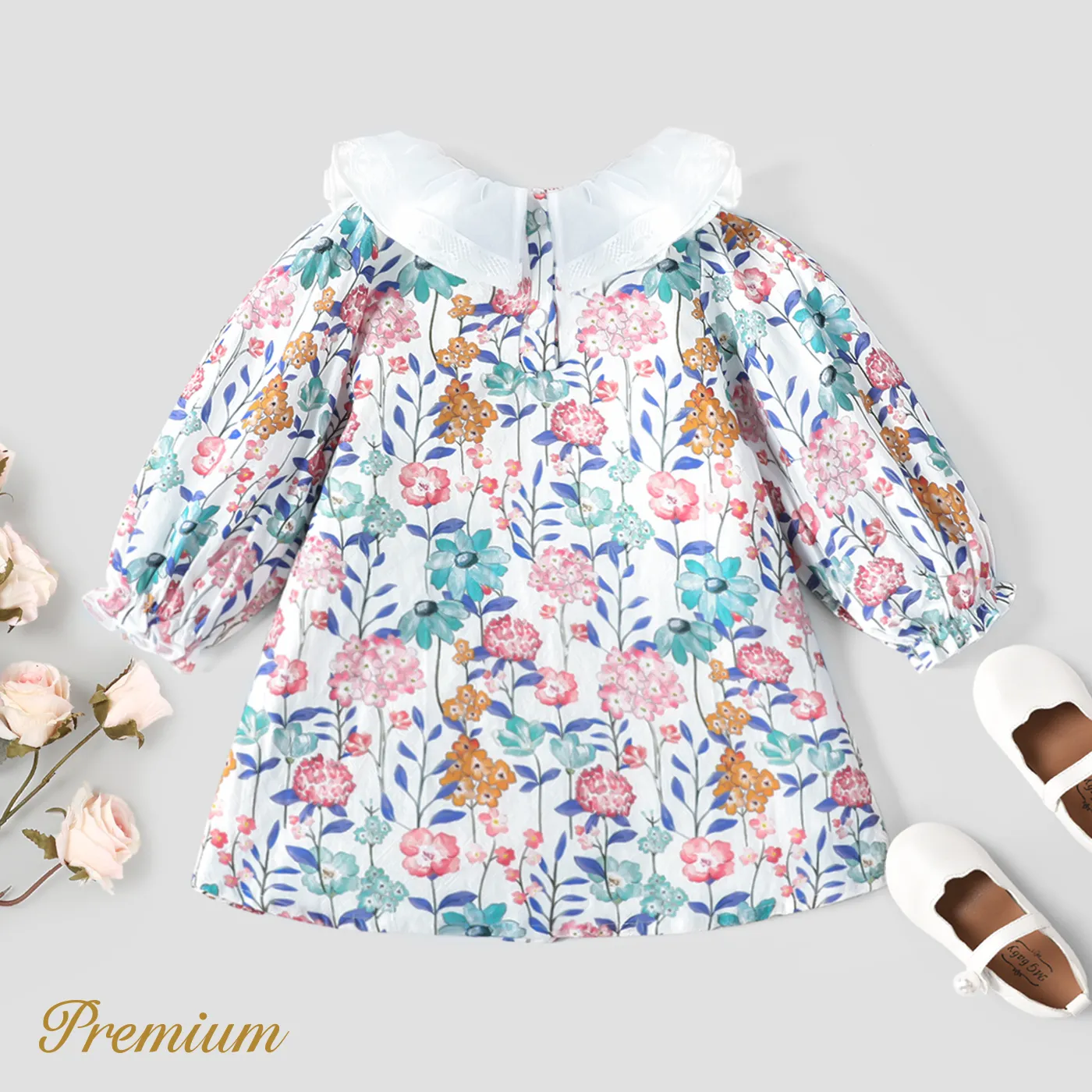 100% Cotton Medium Thickness Long Sleeves Elegant Baby Girl Dress with Puff Sleeves and Floral Pattern  image 5