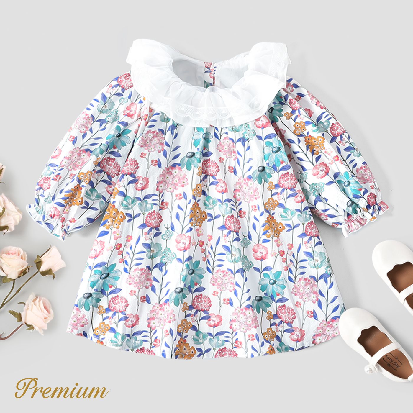 100% Cotton Medium Thickness Long Sleeves Elegant Baby Girl Dress with Puff Sleeves and Floral Patte