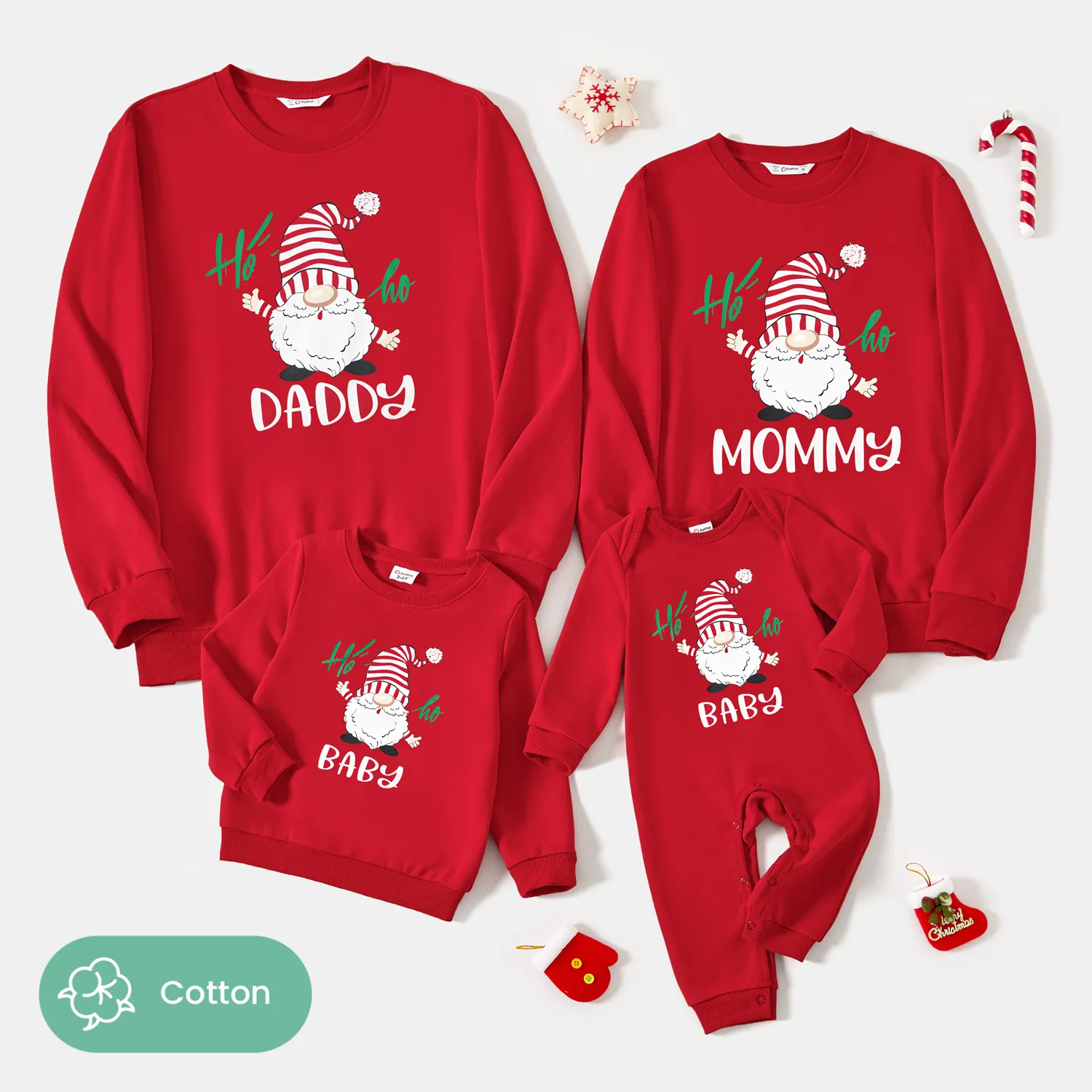Family Matching Solid Color Santa&Letters Print Long Sleeve Cotton Tops Red image 3