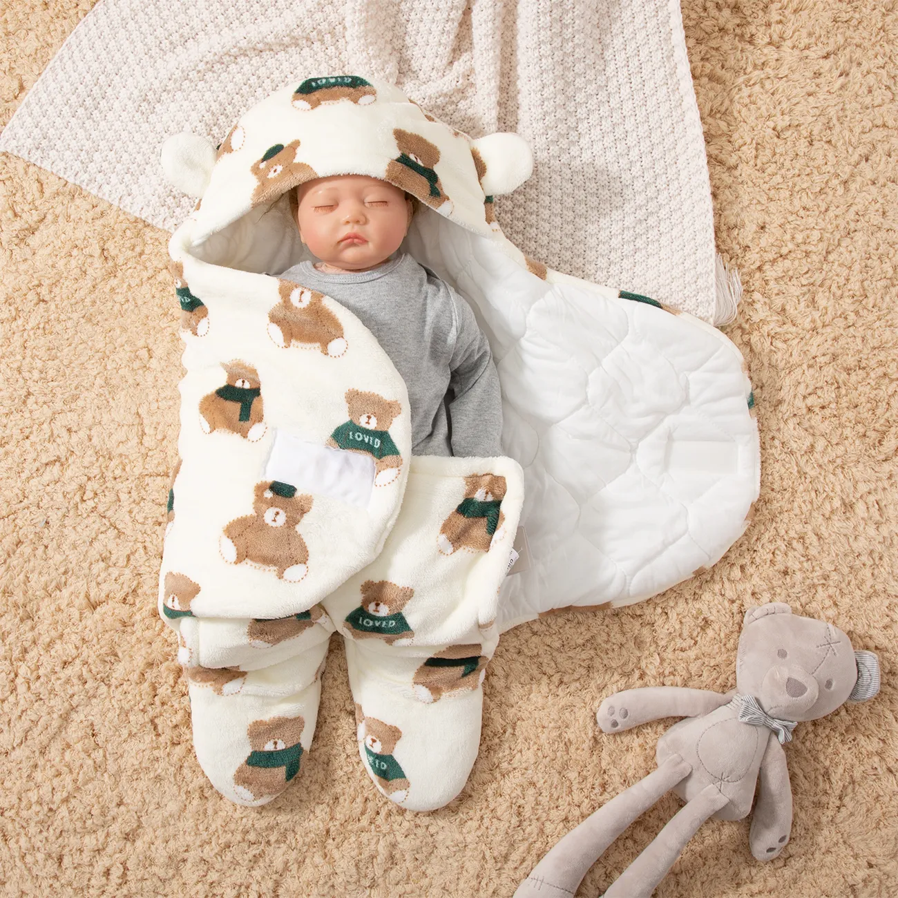 Baby Thickened Flannel Sleeping Bag with Bear Design  image 2