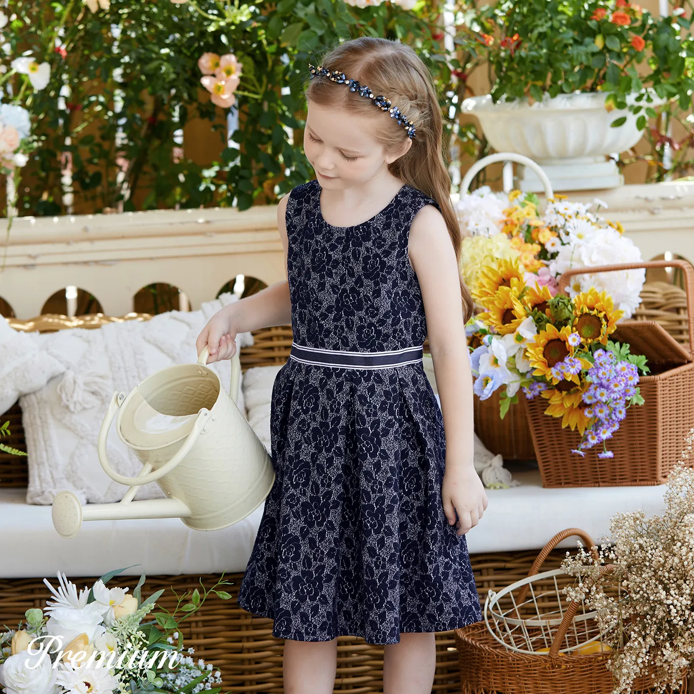 Girl's Medium Thickness Regular Fit  Elegant Floral Dress with Zipper
