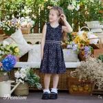 Girl's Medium Thickness Regular Fit  Elegant Floral Dress with Zipper Dark Blue image 4