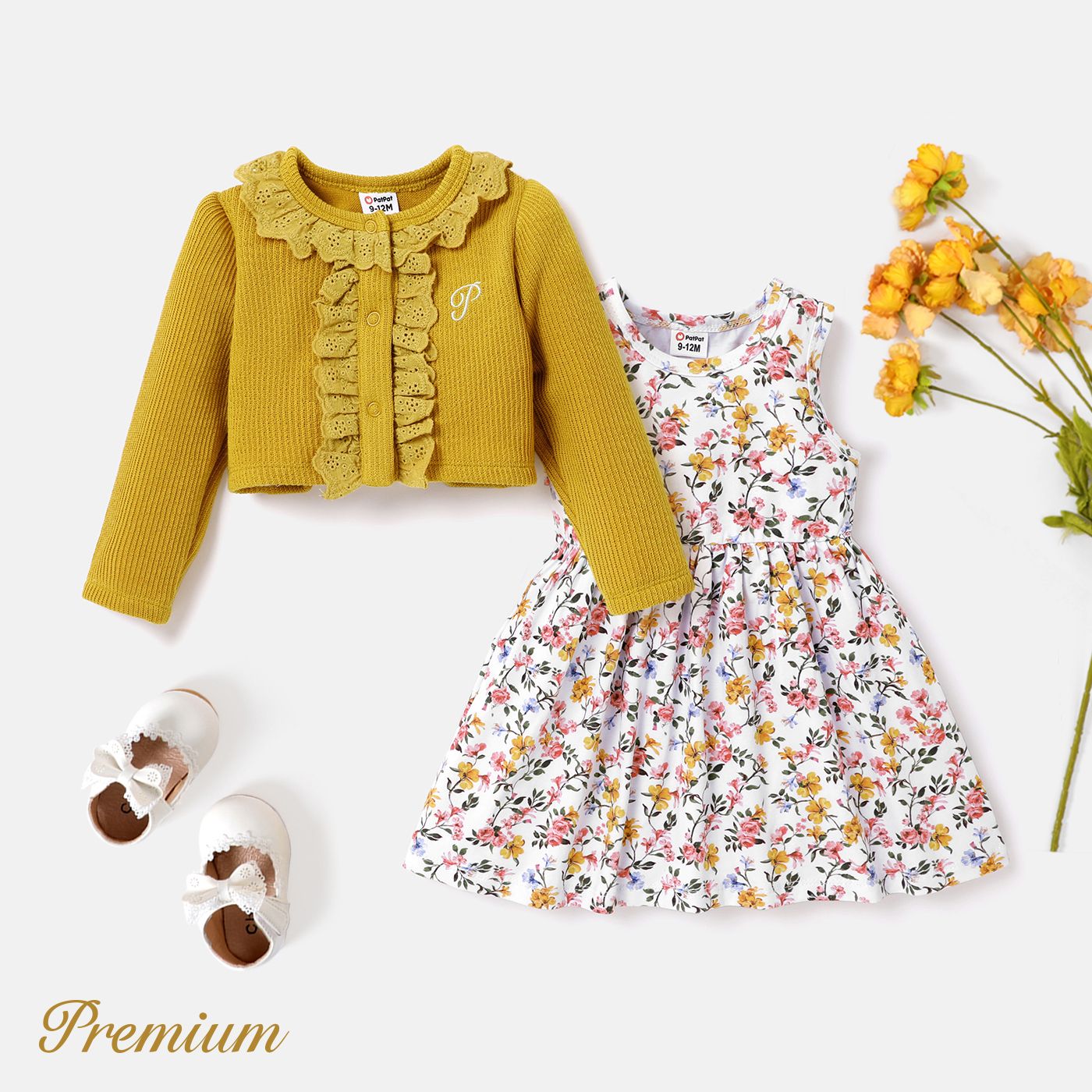 2pcs Elegant Floral Suit-dress For Baby Girl With Ruffle Edge