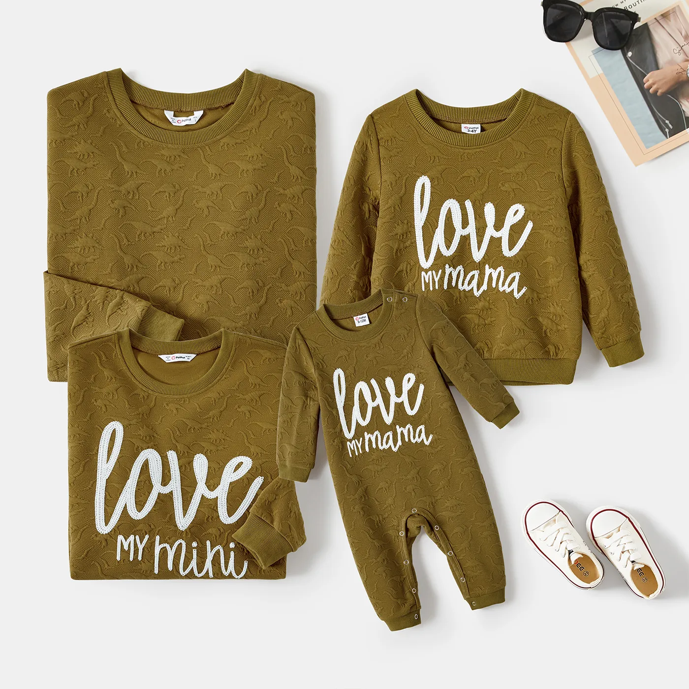 Family Matching 3D Dinosaur Pattern Letters Print Long-sleeve Casual Tops