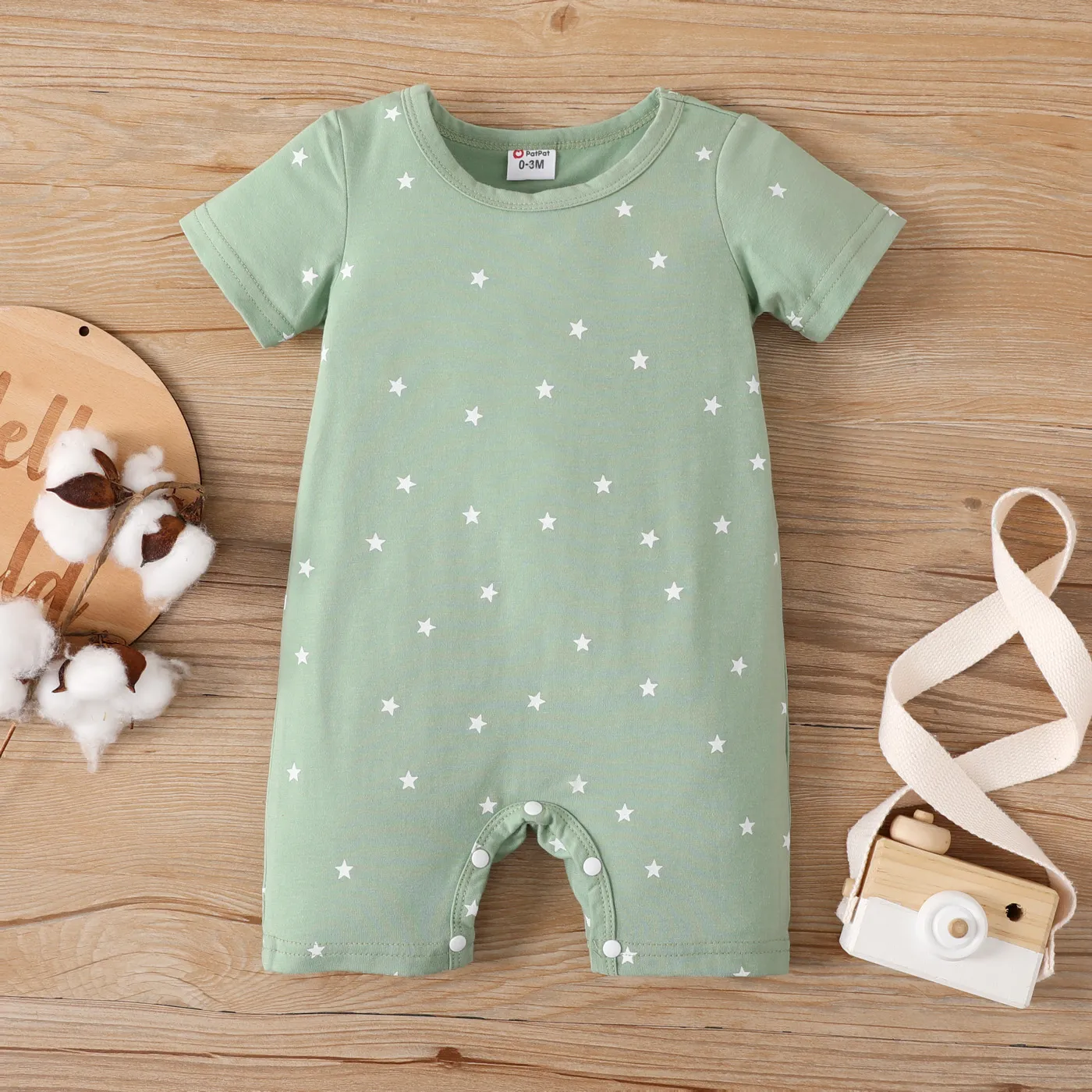 Baby Boy/Girl Allover Stars Polka Dots Print Short-sleeve Romper Green