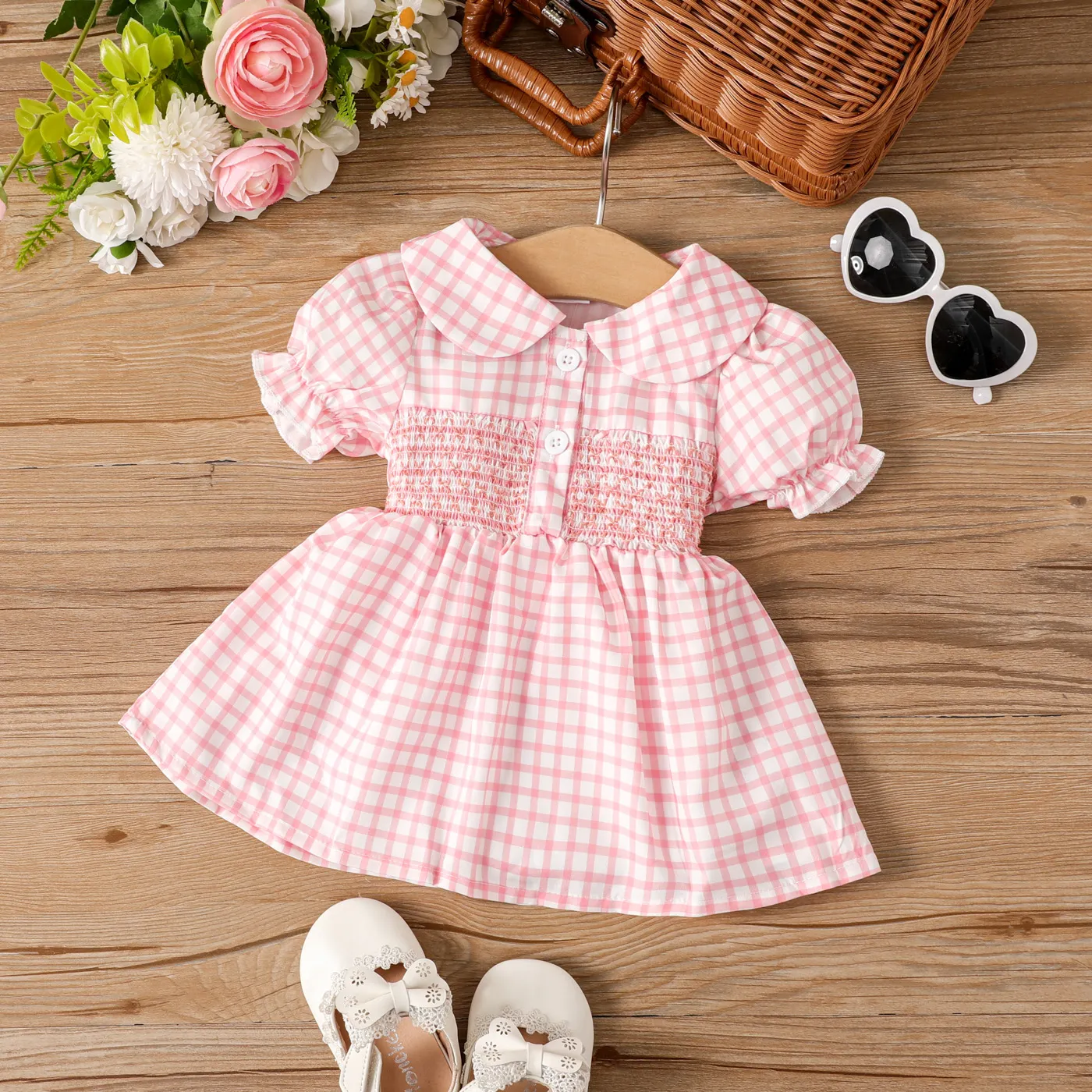 Bebé Ponto smock Bonito Manga curta Vestidos Rosa big image 1