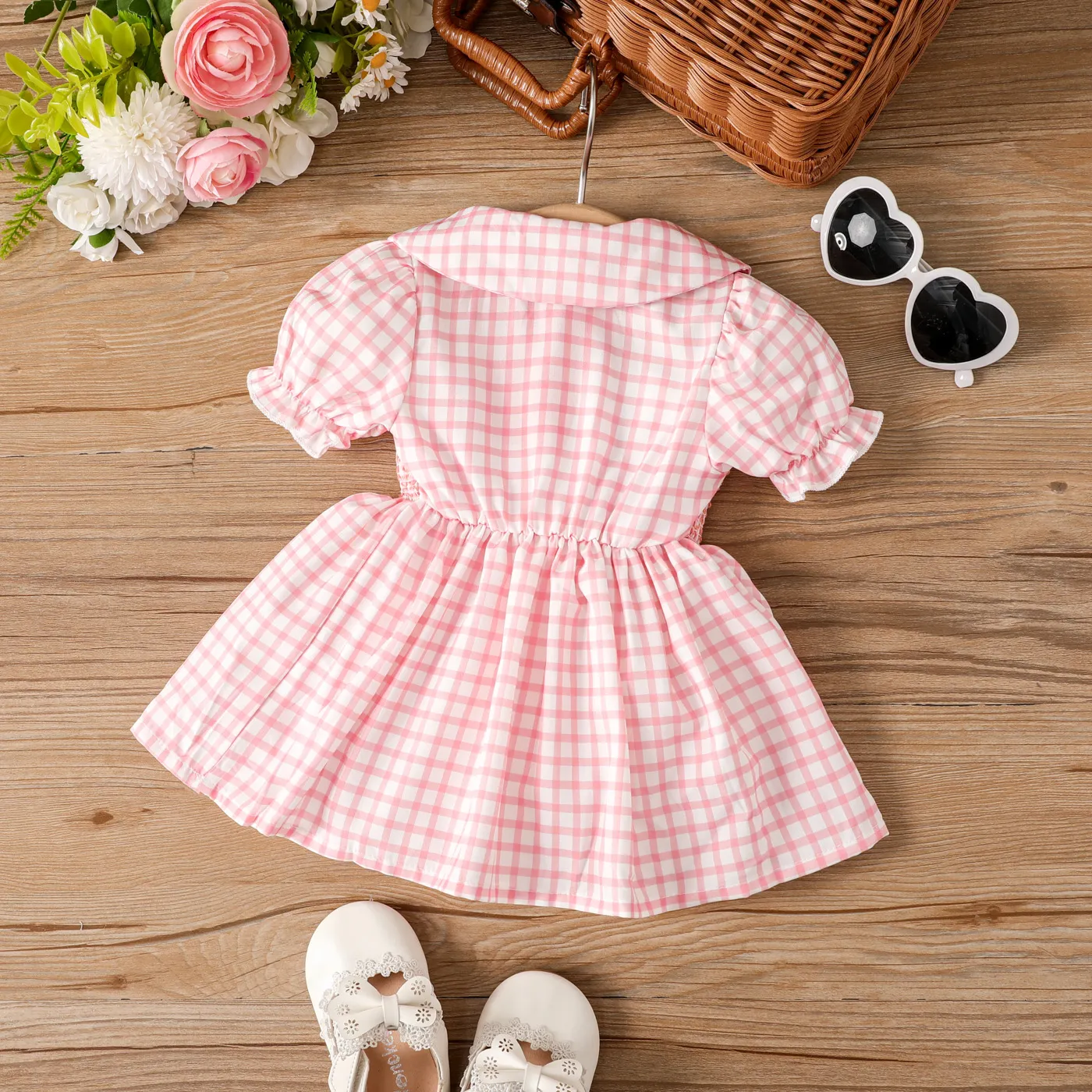Bebé Ponto smock Bonito Manga curta Vestidos Rosa image 2