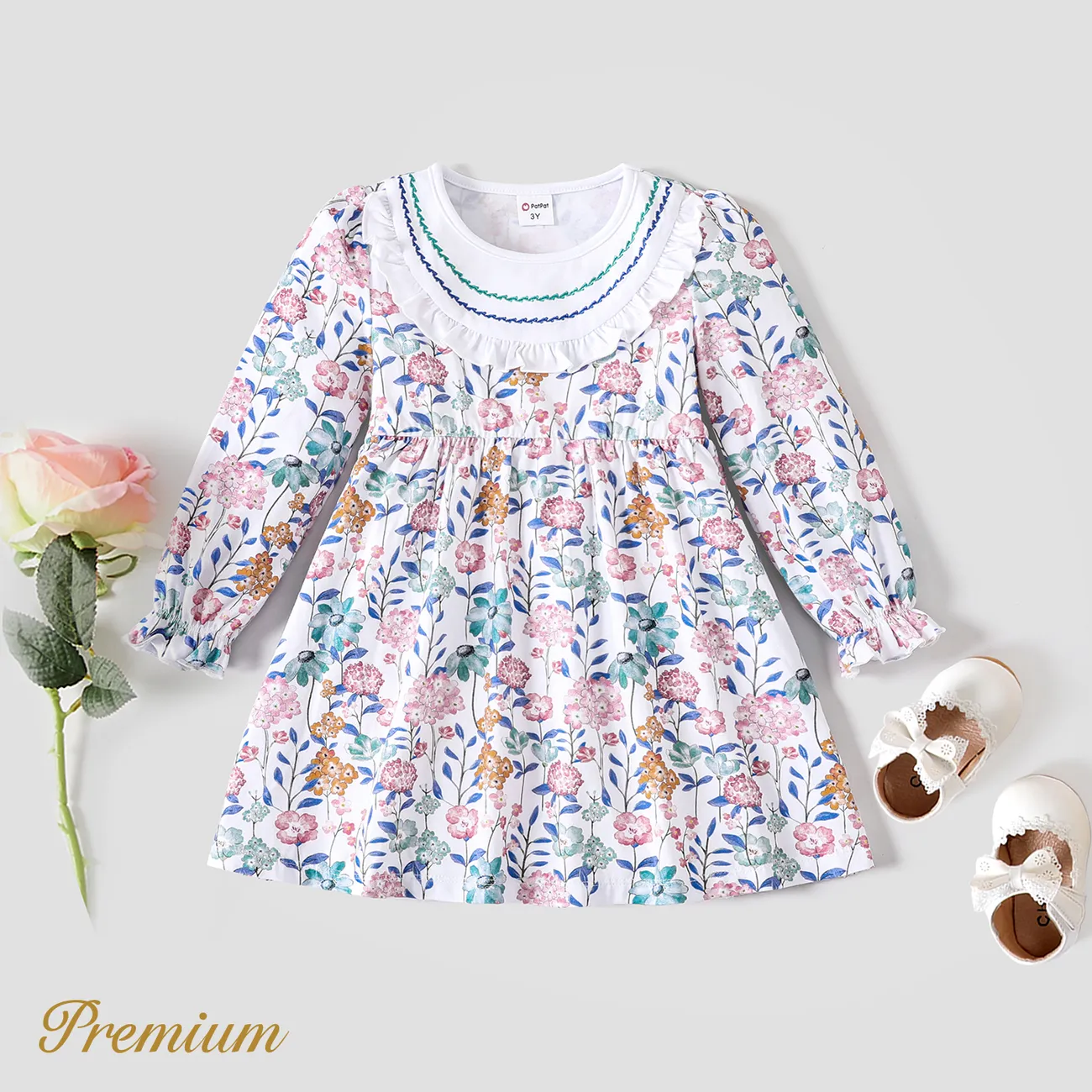 Elegant Toddler Girl Floral Dress with Ruffle Edge Colorful big image 1