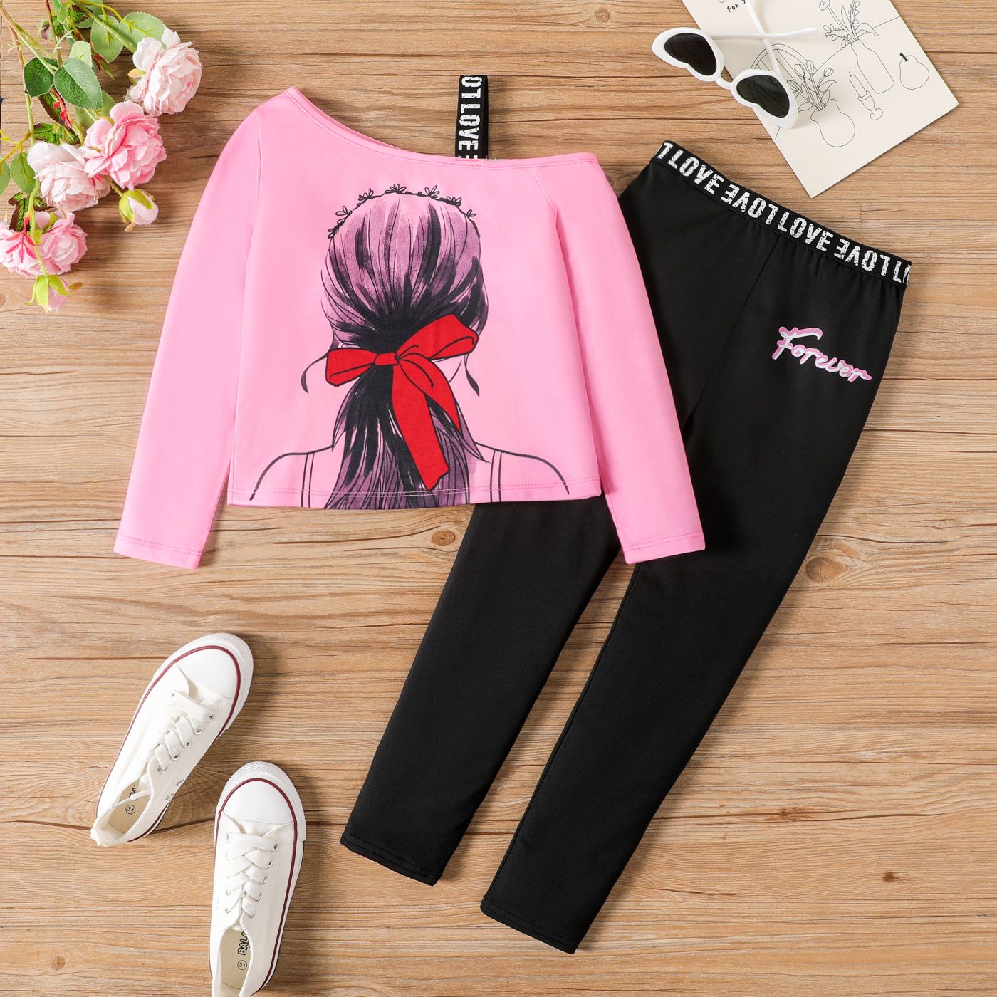 

2PCS Kid Girl Character Print Top and Letter Print Pant