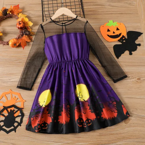 Kid Girl Sweet Halloween Patterned Mesh Dress 