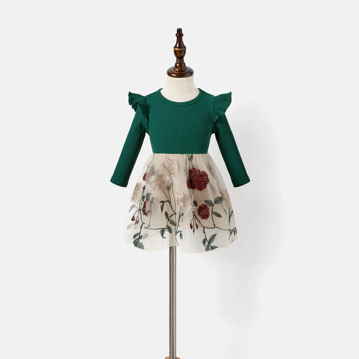 Family Matching Ribbed Embroidered Mesh Dresses and Plaid Long-sleeve Shirt Sets Green big image 1