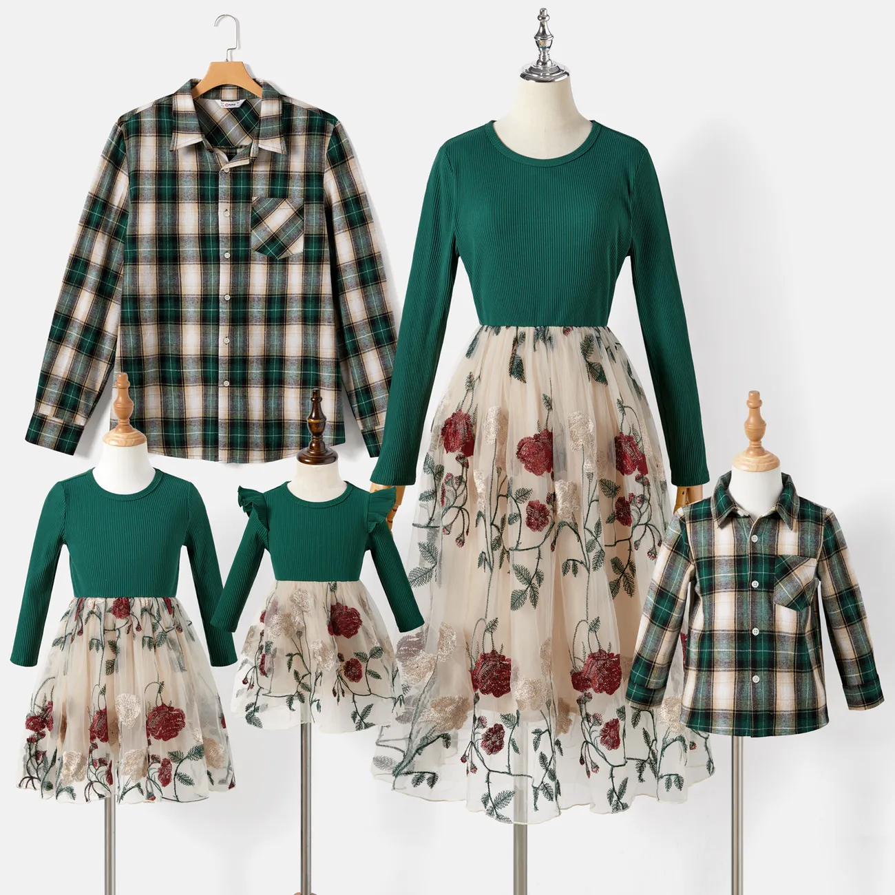 Family Matching Ribbed Embroidered Mesh Dresses and Plaid Long-sleeve Shirt Sets Green big image 1