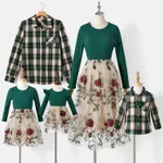 Family Matching Ribbed Embroidered Mesh Dresses and Plaid Long-sleeve Shirt Sets  image 2