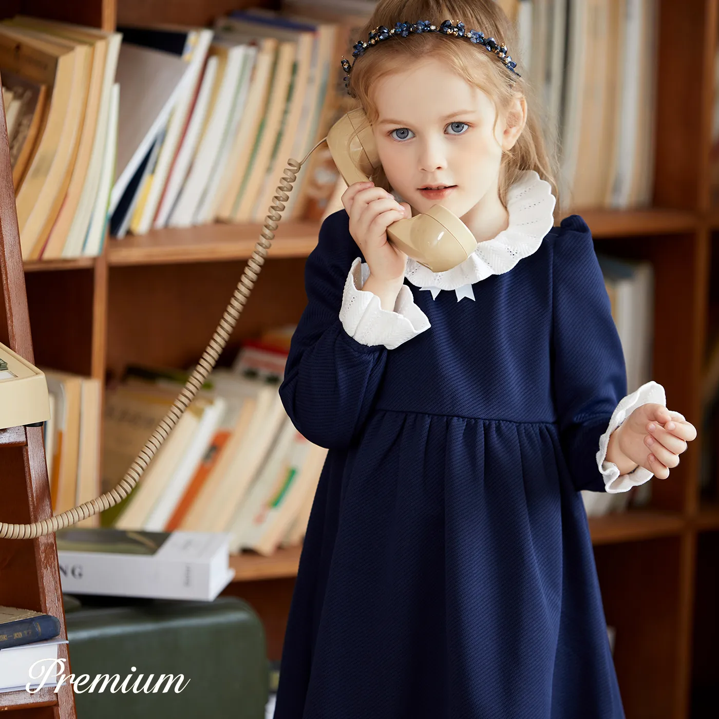 Medium Thickness Solid Color Long Sleeve Elegant Toddler Girl Dress with Stand Collar