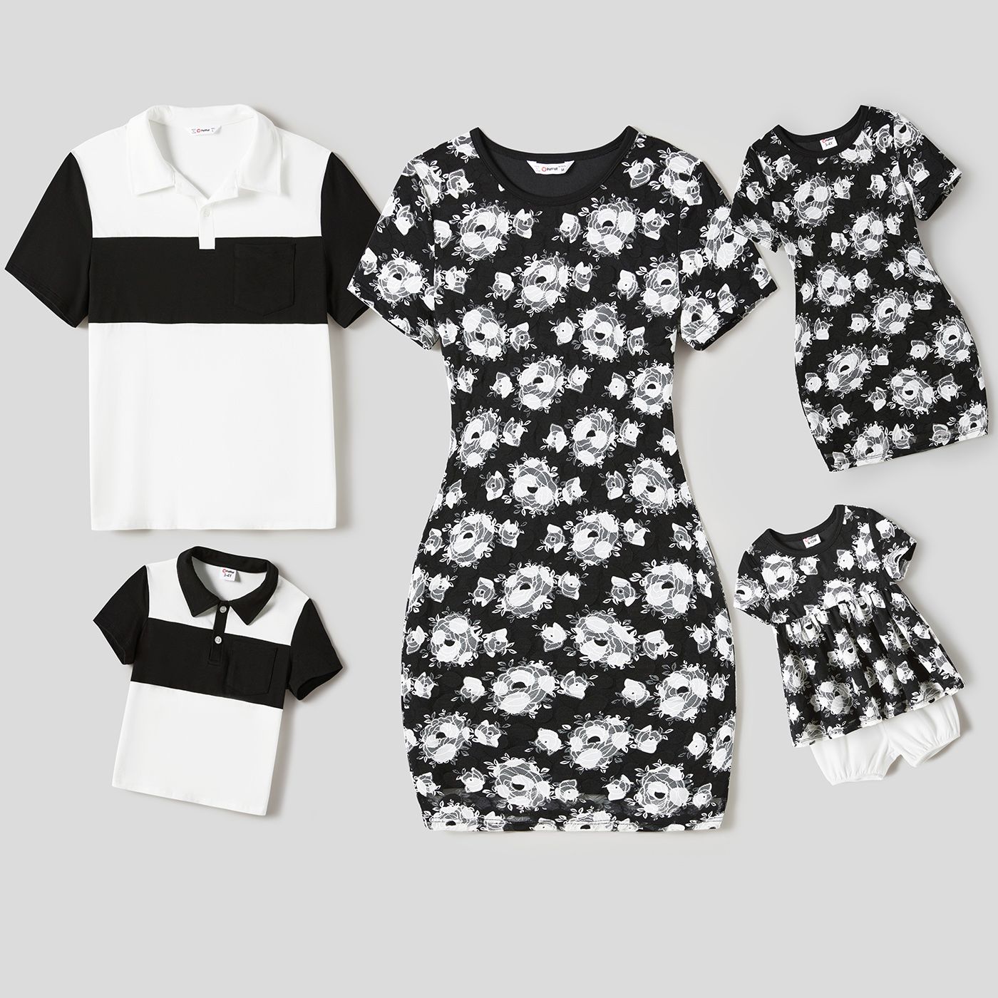 

Family Matching Colorblock Short-sleeve Polo T-shirts and Allover Floral Print Lace Bodycon Dresses Sets