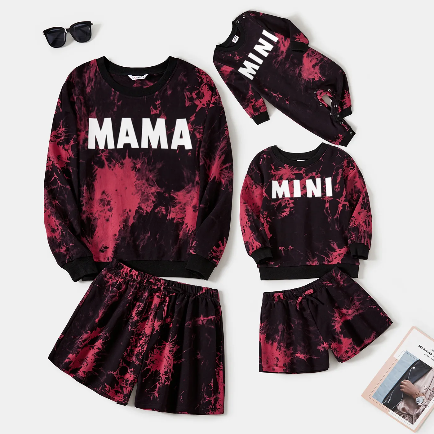 Mom and Me Letter Print Tie Dye Long-sleeve Top and Shorts Set  Black image 2