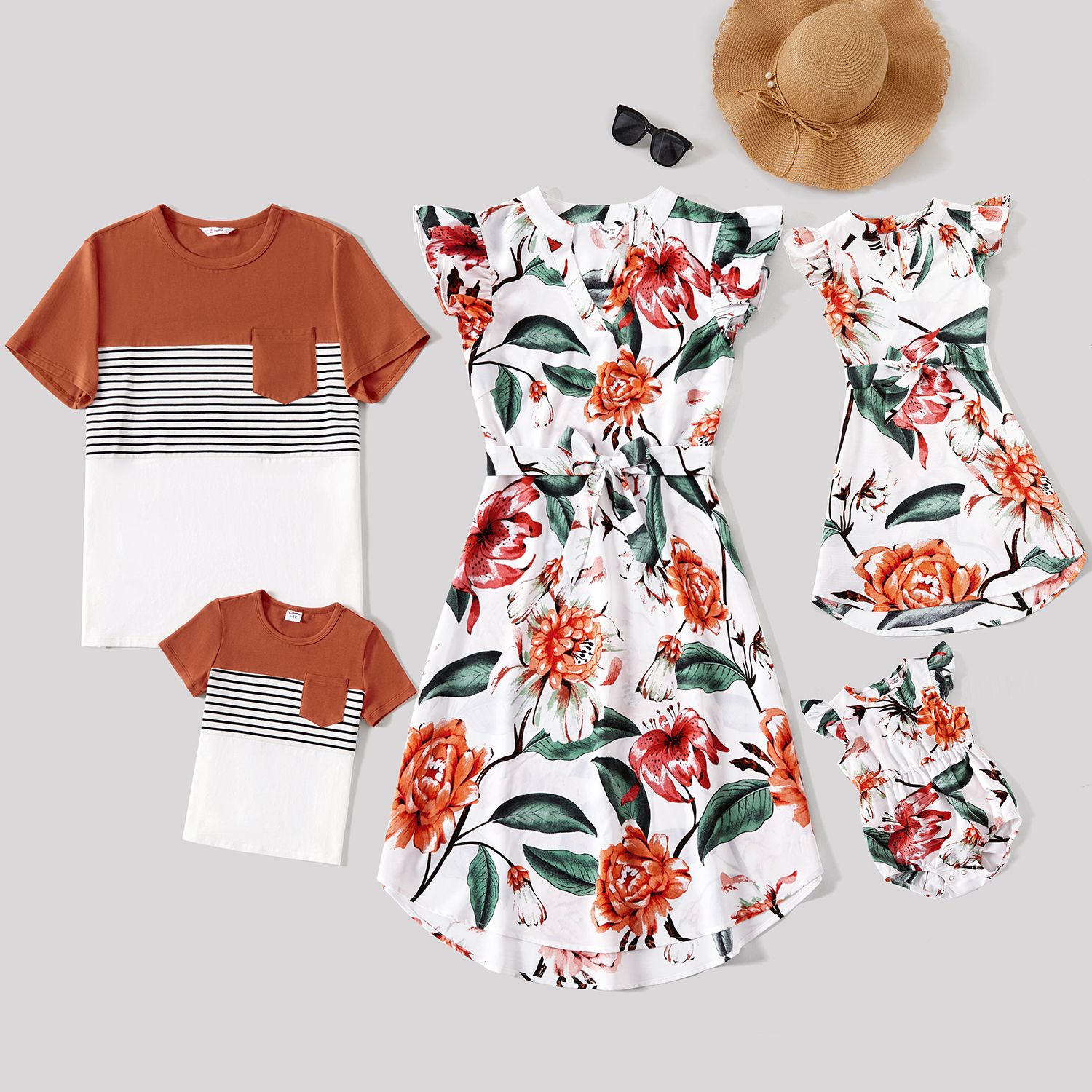 Family  Matching  Flutter-sleeve  Allover Floral Dresses  And  Short-sleeve Spliced T-shirts Sets