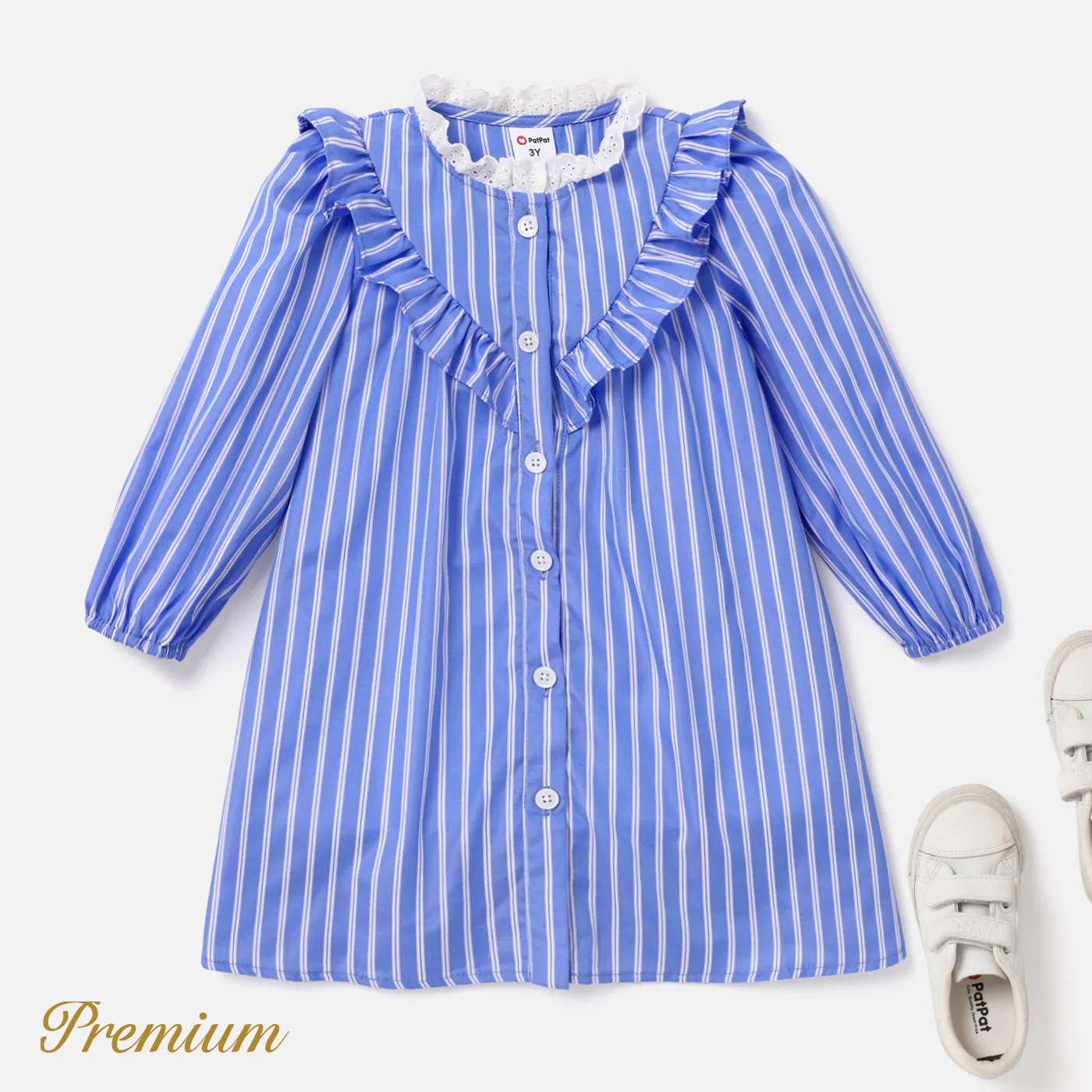 Medium Thickness Casual Loose Fit with Long Sleeves Ruffled Stripe Dress for Toddler Girls BLUE WHITE image 3