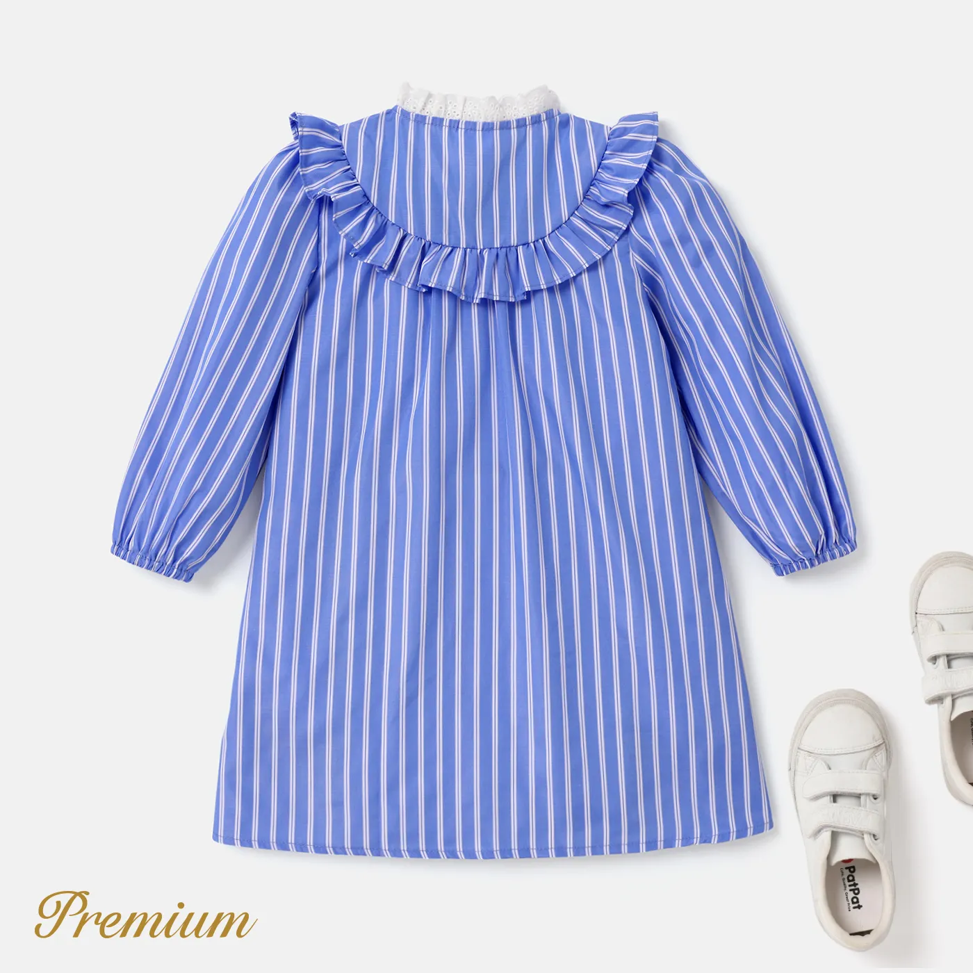 Medium Thickness Casual Loose Fit with Long Sleeves Ruffled Stripe Dress for Toddler Girls BLUE WHITE image 4