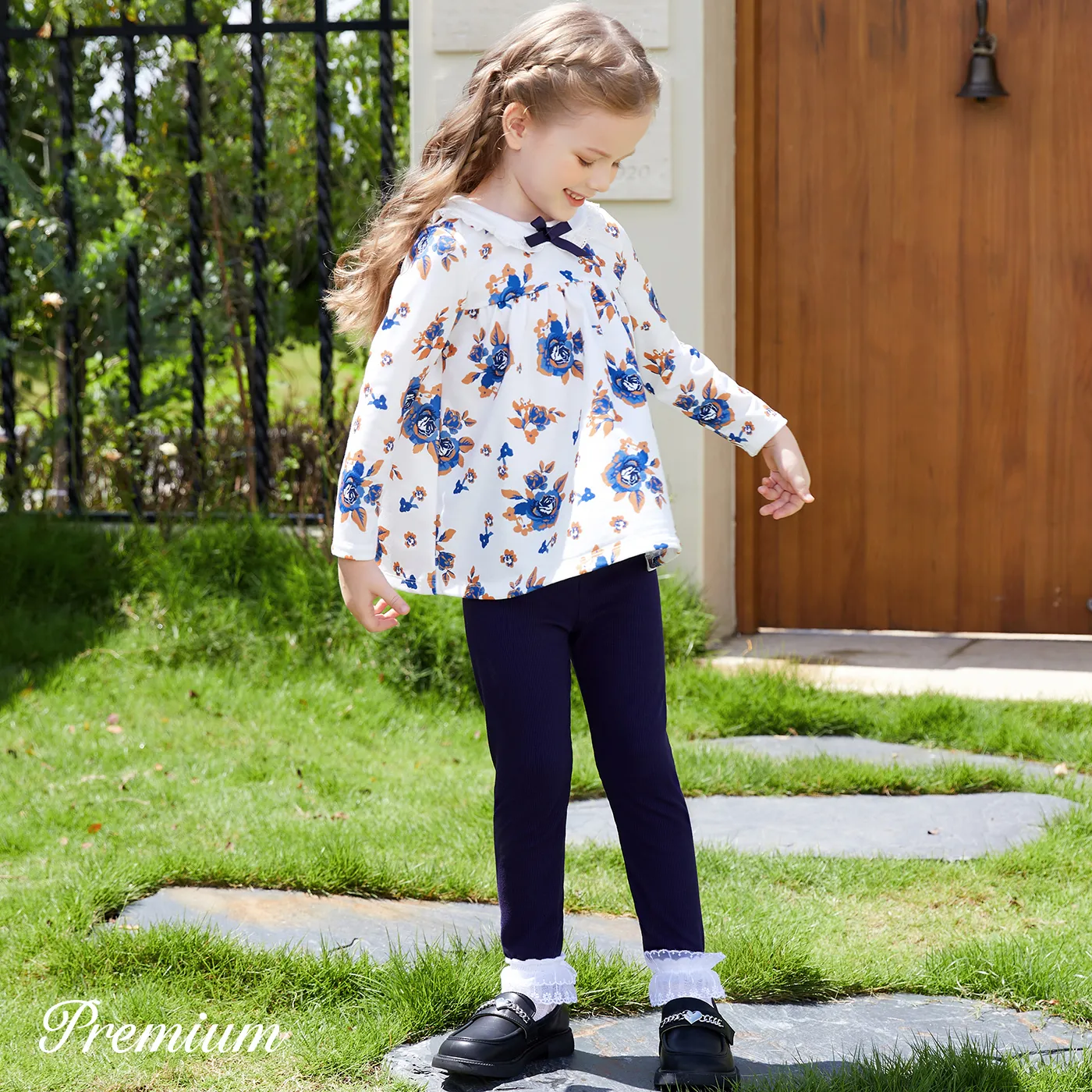 2 pcs Medium Thick Floral Elegant Ruffle Edge Toddler Girl Set Dark Blue/white image 3