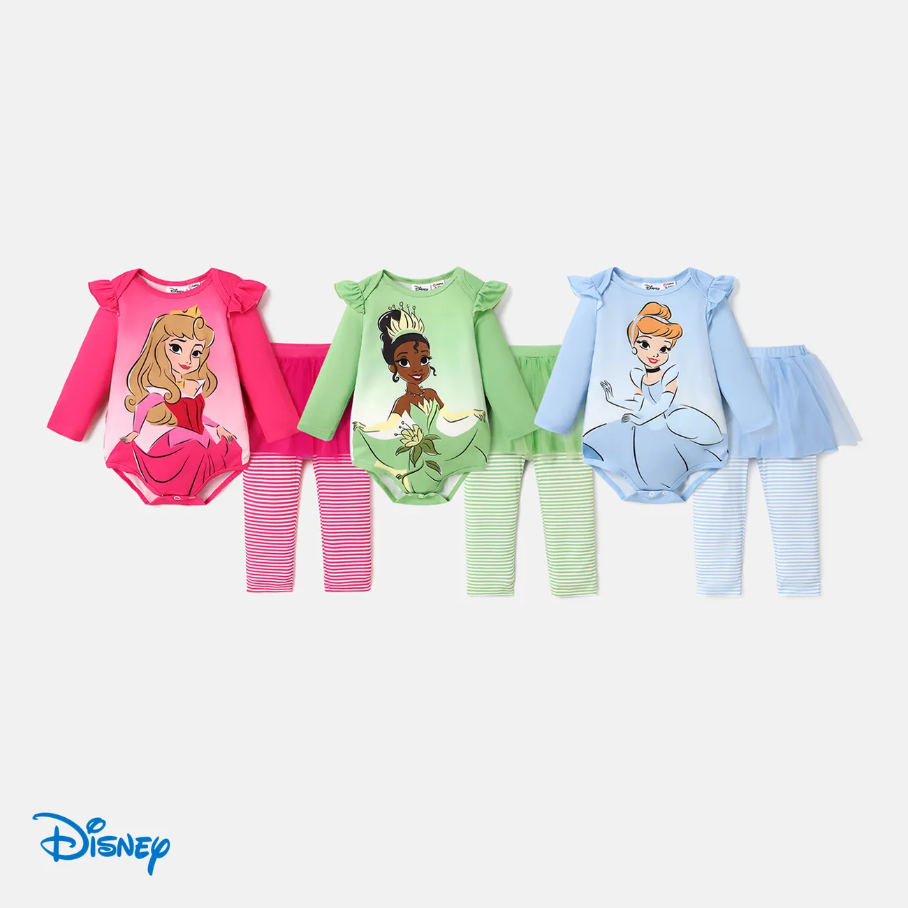 Disney Princess Baby Girl 2pcs Long-sleeve Onesies and Mesh Leggings  Set Green big image 1