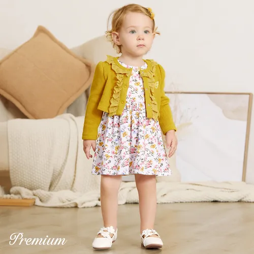 2pcs Elegant Floral Suit-dress for Baby Girl with Ruffle Edge