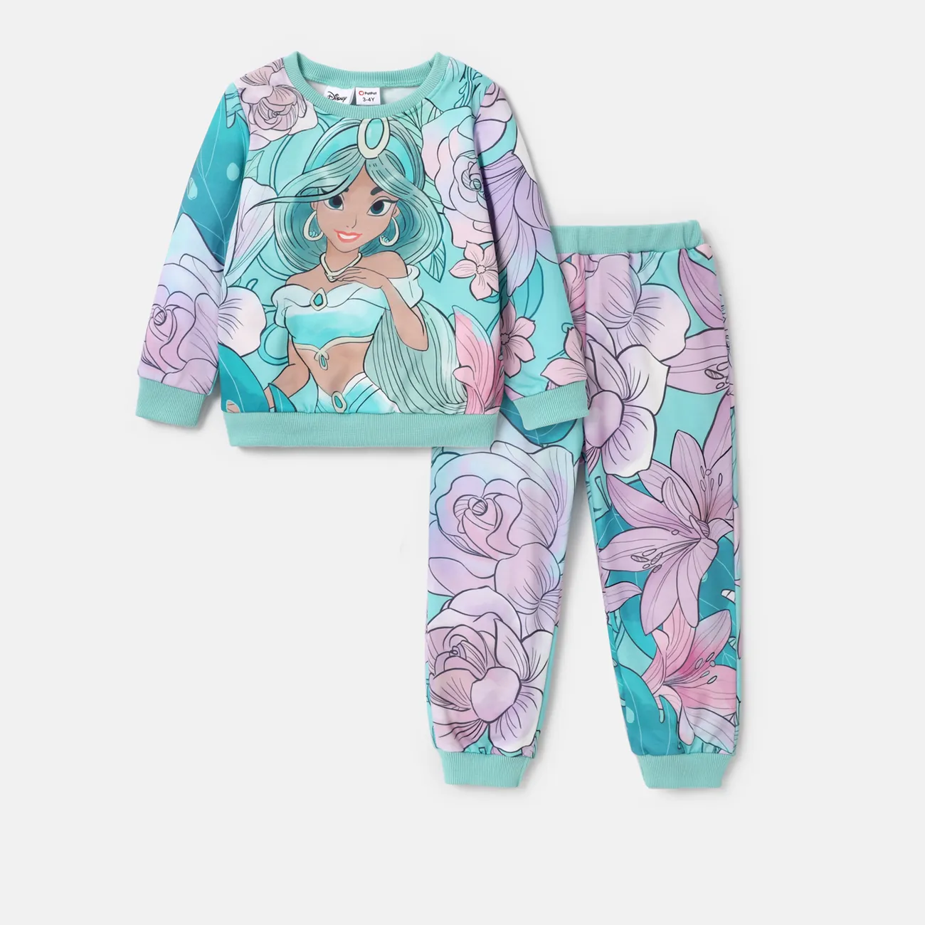 Disney Princess Baby Girl 2pcs Character Print Long-sleeve Top and Pants Set Turquoise big image 1