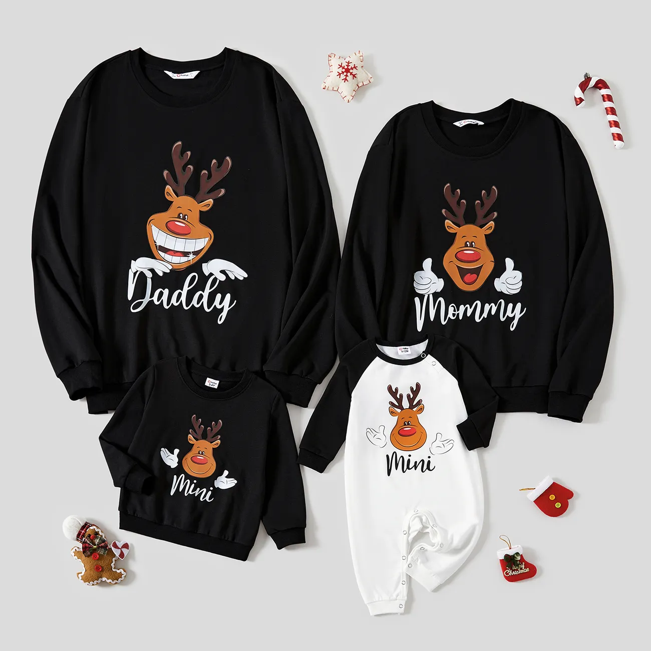 Christmas Family Matching Reindeer Print Black Tops big image 1