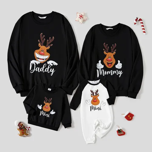 Christmas Family Matching Reindeer Print Black Tops
